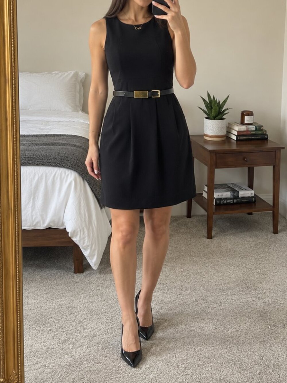 Theory Black Wool Blend Sleeveless Belted Mini Dress Size 0 Gold Buckle